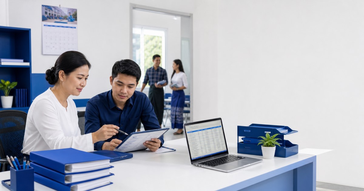 Myanmar training school administrators reviewing attendance and academic result records