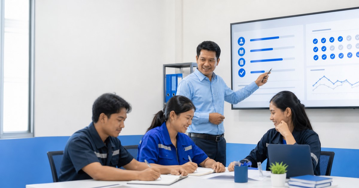 Myanmar academic coordinator reviewing course progress with vocational learners