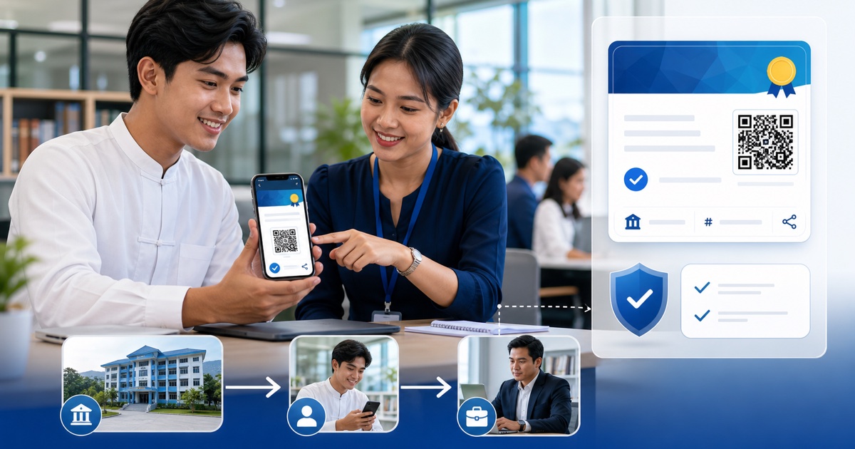 မြန်မာသင်တန်းသားတစ်ဦး၏ Digital Credential ကို သင်တန်းကျောင်းက ထုတ်ပေးပြီး QR ဖြင့် အလုပ်ရှင်က စစ်ဆေးသည့် လုပ်ငန်းစဉ်
